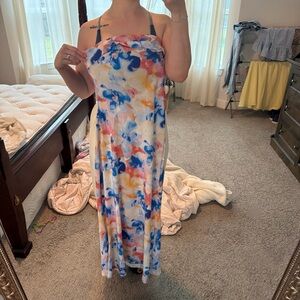 Floral Watercolor Strapless Maxi Dress - Blue, Pink, Yellow